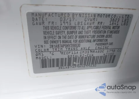 2017 Nissan Sentra S z USA, uszkodzony, nr VIN 3N1AB7AP9HY299530